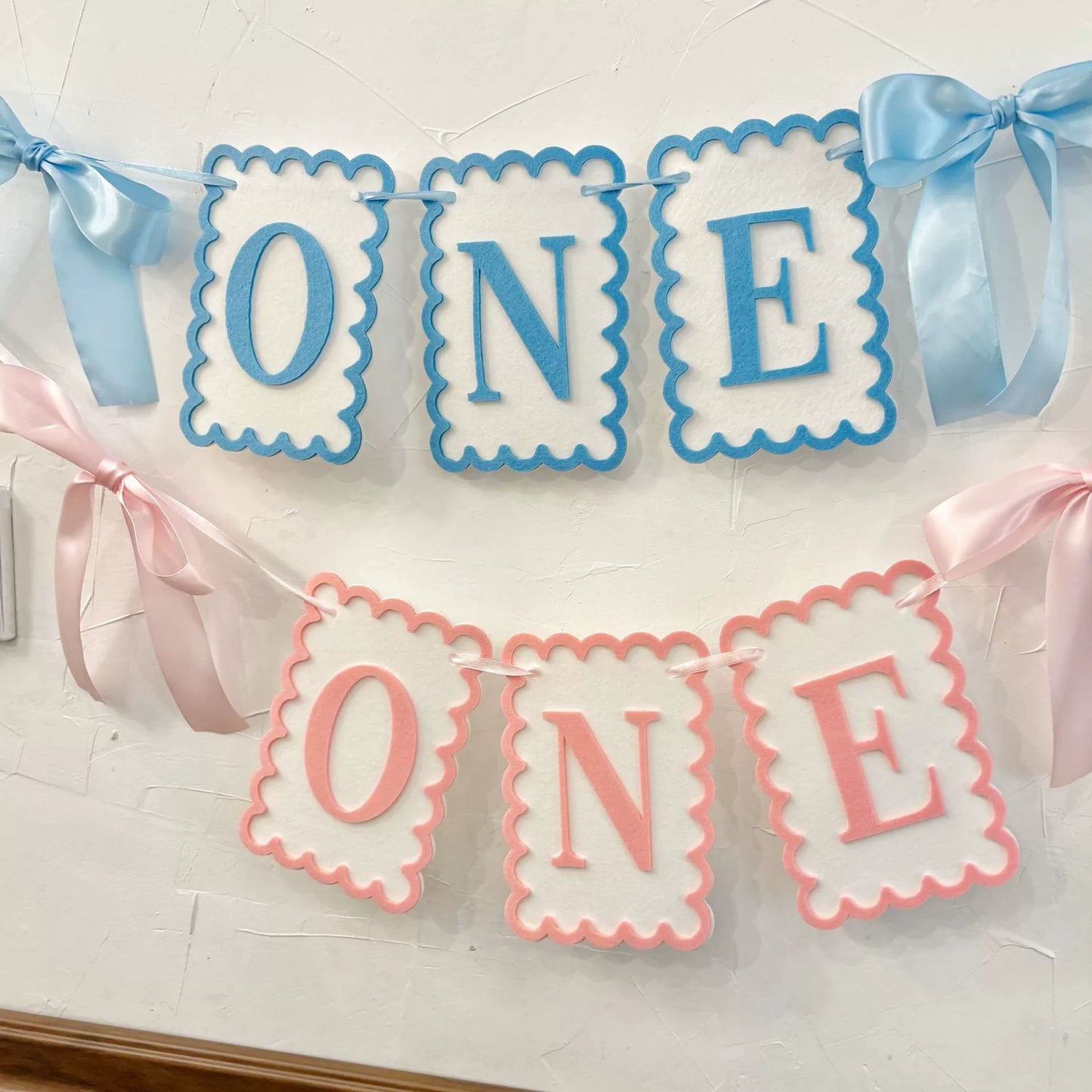 1st Birthday "ONE" Banner with Bows - Pink & Blue Felt Party Decor for High Chair & Backdrop
