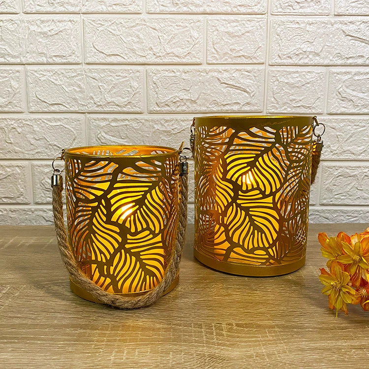 2-Pack Leaf Pattern Metal Candle Lanterns - Iron Candle Holders & Aromatherapy Decor