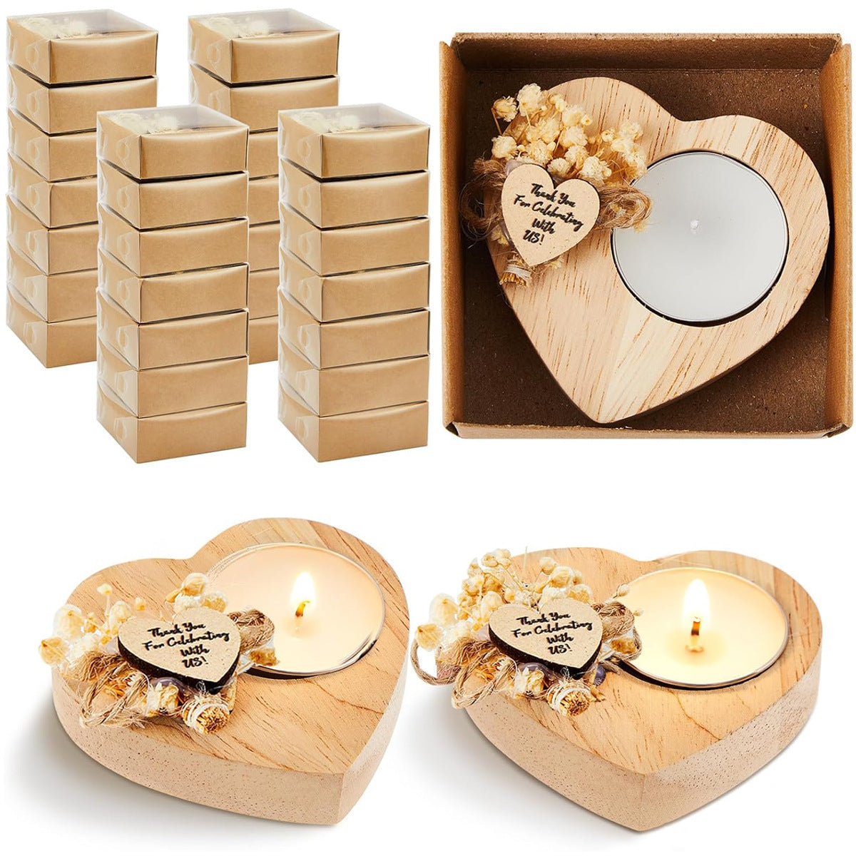 2-Pack Wooden Heart Tealight Holder - Wedding Favor & Rustic Table Decor