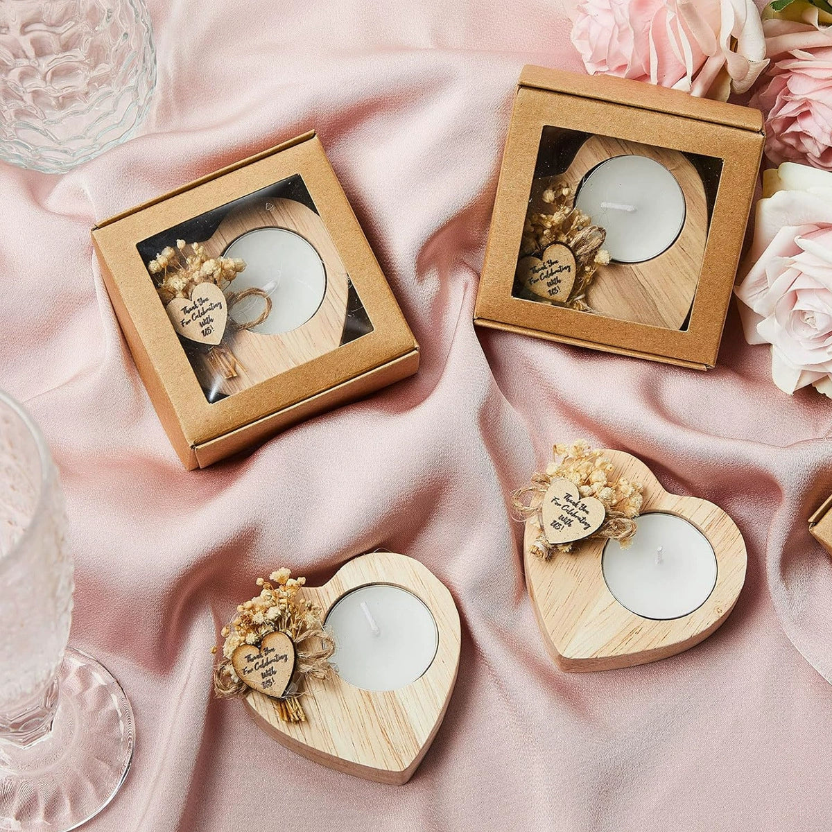 2-Pack Wooden Heart Tealight Holder - Wedding Favor & Rustic Table Decor