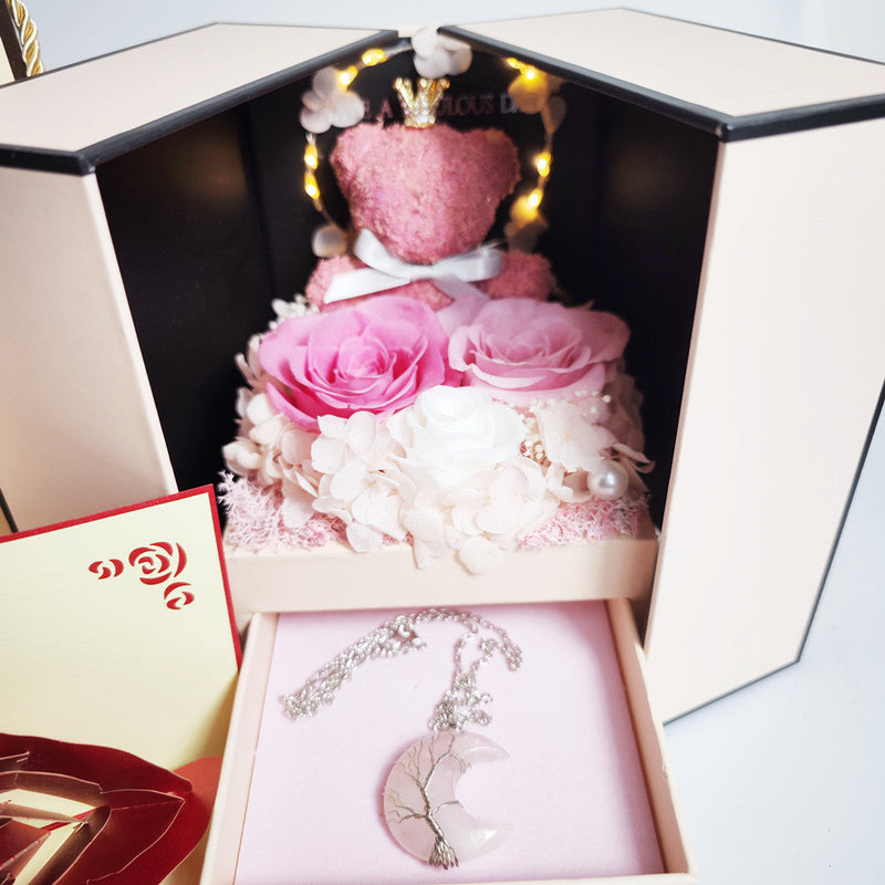 Preserved Rose with Crescent Moon Pendant Necklace Gift for Valentines Day Birthday Anniversary