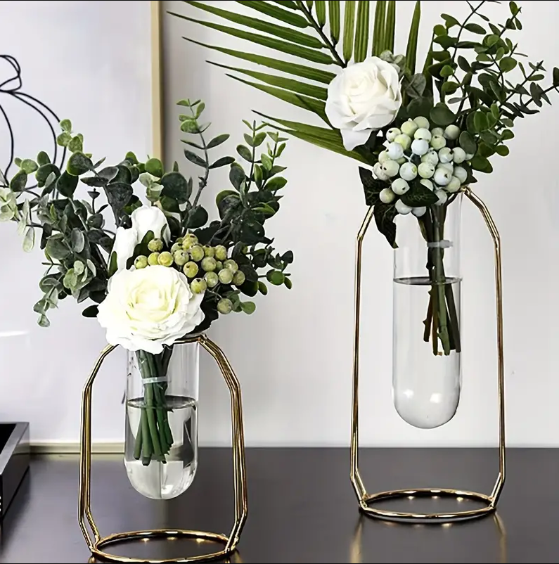 Bulk 1pc Gold Glass Vase With Metal Frame Geometric Hydroponics Vase for Centerpieces Wedding Office Living Room Decor Wholesale
