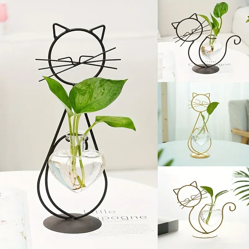 Bulk 1pc Heart-shape Glass Vase with Cat Shape Metal Stand for Home Garden Wedding Decoration Home Decor Wholesale