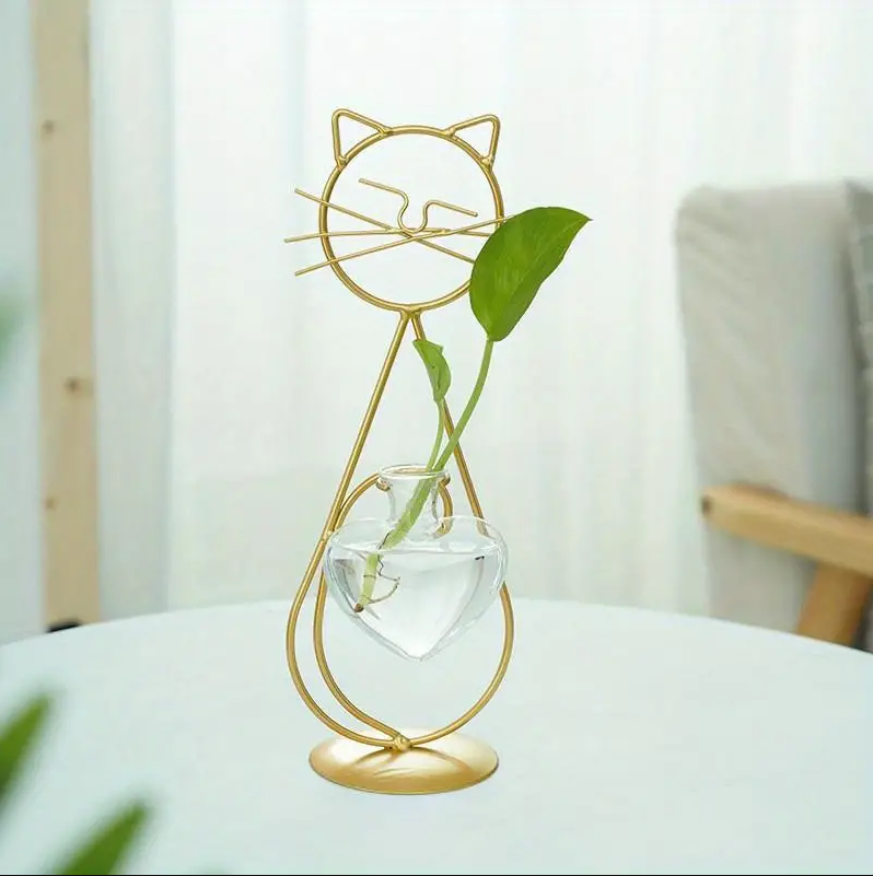 Bulk 1pc Heart-shape Glass Vase with Cat Shape Metal Stand for Home Garden Wedding Decoration Home Decor Wholesale