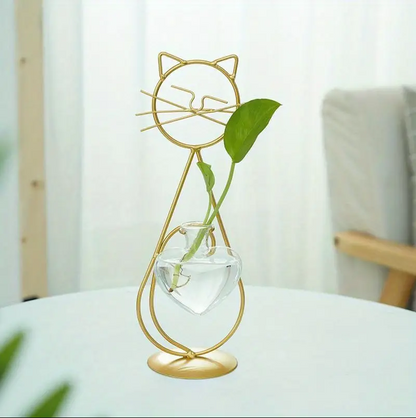 Bulk 1pc Heart-shape Glass Vase with Cat Shape Metal Stand for Home Garden Wedding Decoration Home Decor Wholesale