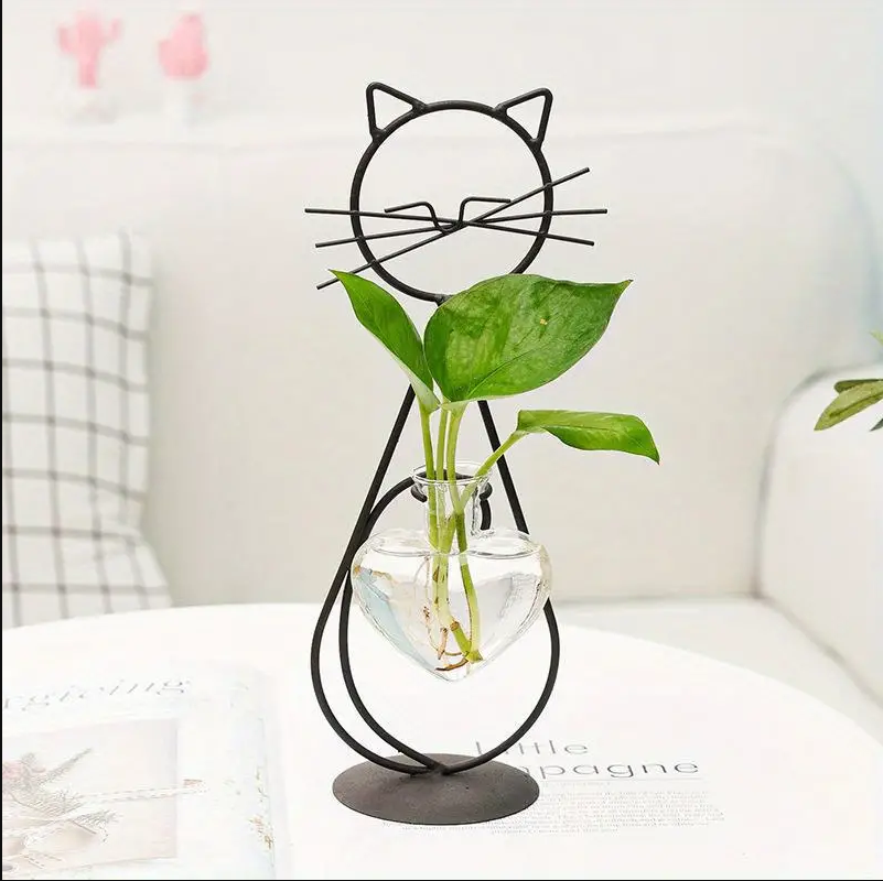 Bulk 1pc Heart-shape Glass Vase with Cat Shape Metal Stand for Home Garden Wedding Decoration Home Decor Wholesale
