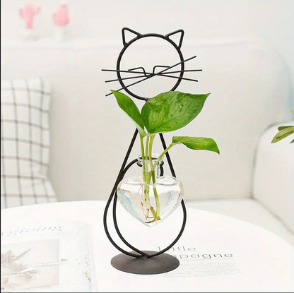 Bulk 1pc Heart-shape Glass Vase with Cat Shape Metal Stand for Home Garden Wedding Decoration Home Decor Wholesale
