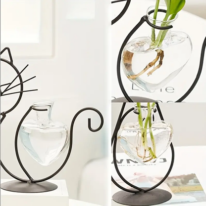 Bulk 1pc Heart-shape Glass Vase with Cat Shape Metal Stand for Home Garden Wedding Decoration Home Decor Wholesale