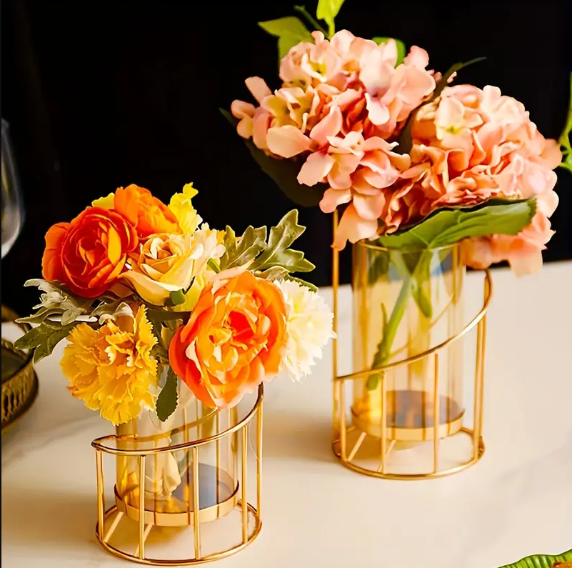 Bulk 1pc Golden Glass Flower Vase With Metal Frame Modern Geometric Candle Holders Wedding Home Decoration For Office Room Decor Home Decor Wholesale