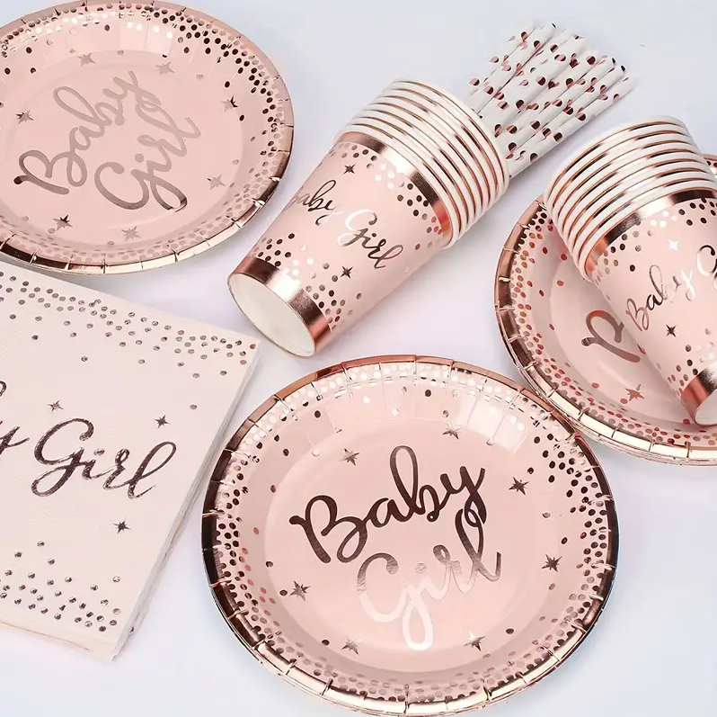 Bulk 10 Pcs Pink Disposable Tableware with Baby Girl Letters Decor Wholesale