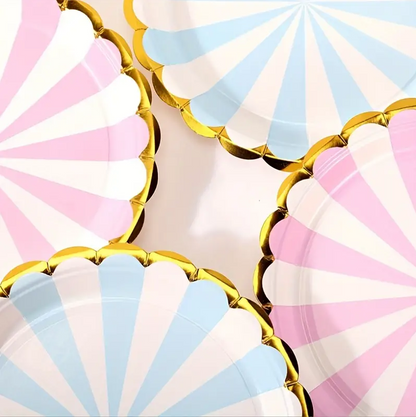 Bulk 50 Pcs Disposable Striped Dinner Plates with Gold Foil Scalloped Edge Wholesale