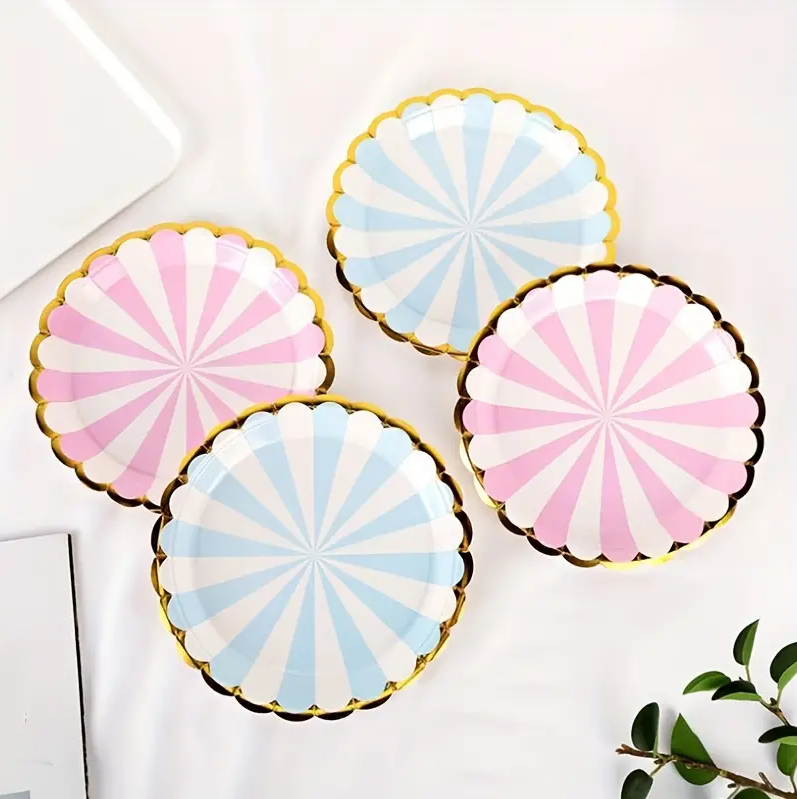 Bulk 50 Pcs Disposable Striped Dinner Plates with Gold Foil Scalloped Edge Wholesale