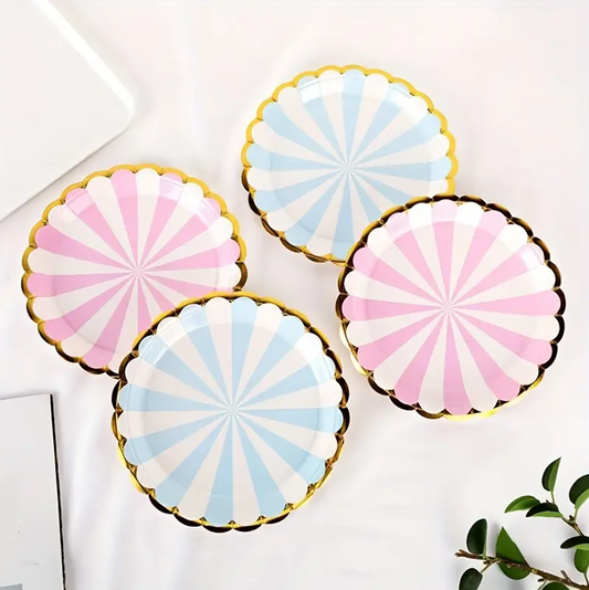Bulk 50 Pcs Disposable Striped Dinner Plates with Gold Foil Scalloped Edge Wholesale