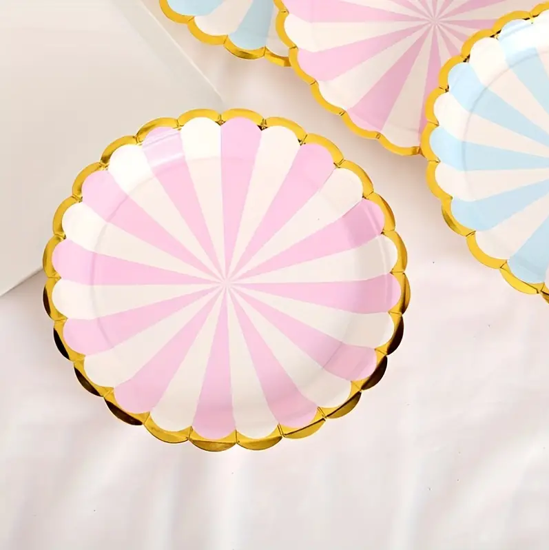 Bulk 50 Pcs Disposable Striped Dinner Plates with Gold Foil Scalloped Edge Wholesale