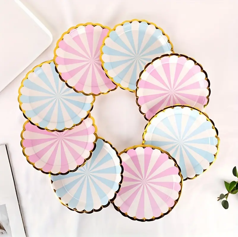Bulk 50 Pcs Disposable Striped Dinner Plates with Gold Foil Scalloped Edge Wholesale