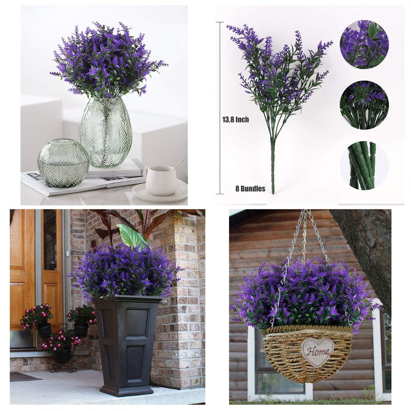 8 Bundles Artificial Lavender Stems, 12 Inch UV-Resistant Silk Flowers, Vibrant Purple, Flexible Fade-Resistant Shrubs for Outdoor & Wedding Decor