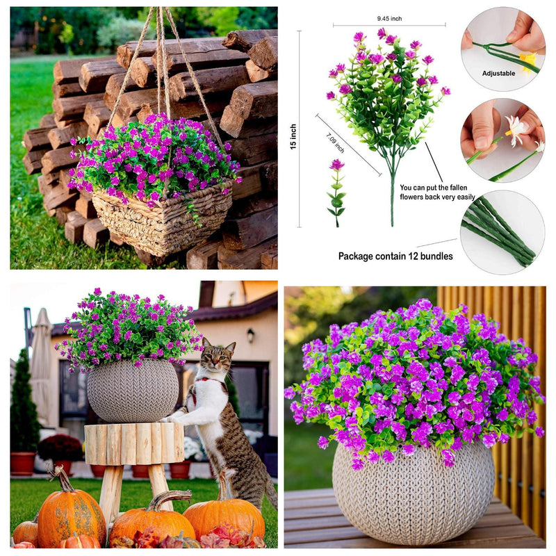 12 PCS Artificial Flowers Stems, 12 Inch UV Resistant Lifelike Greenery for Indoor Outdoor Pots and Planters
