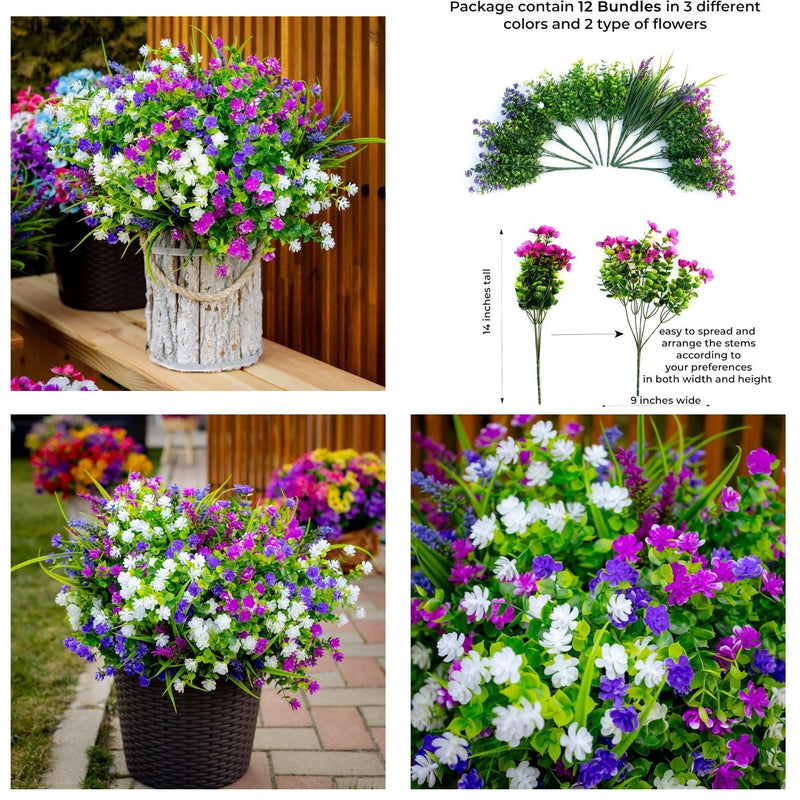 12 PCS Artificial Flowers Stems, 12 Inch UV Resistant Lifelike Greenery for Indoor Outdoor Pots and Planters
