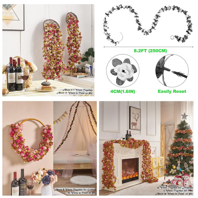 45 Pcs Artificial Rose Vine Garland 66 FT Pink Flowers with Green Leaves Flexible Stems for Wedding Decor