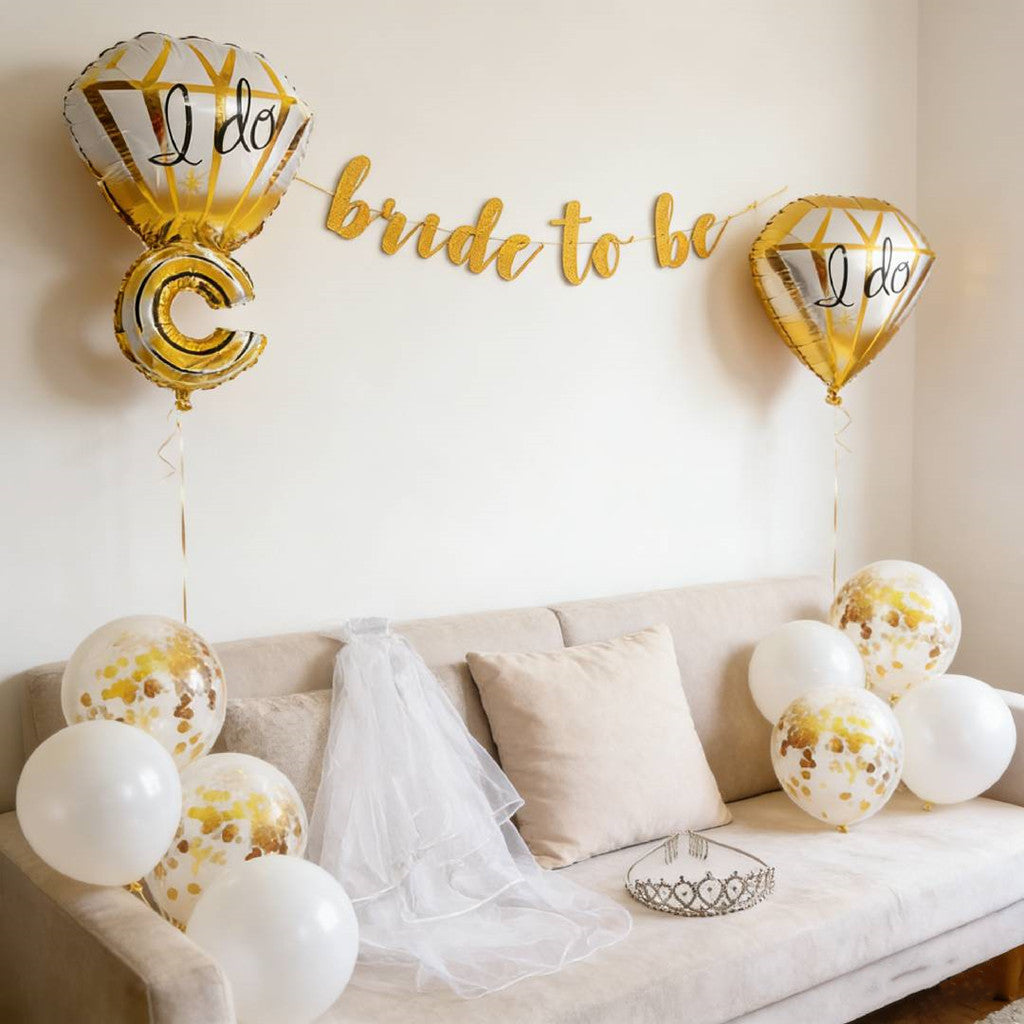 Bachelorette Party 6-Piece Gold Decor Kit - Bride to Be Sash Tiara & Balloons Set