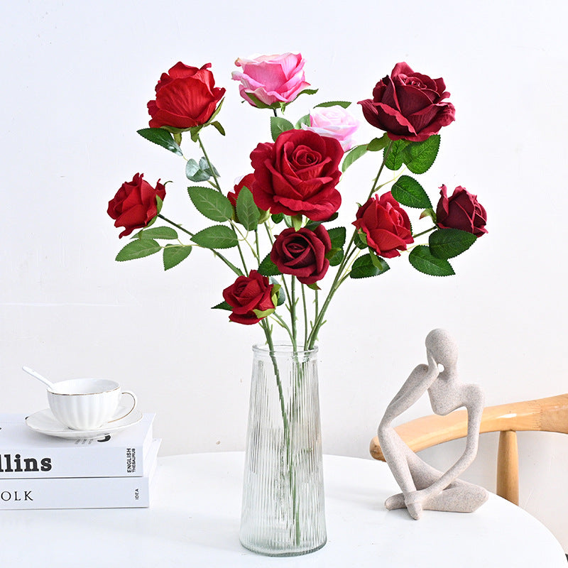 26 Inch Artificial Velvet Rose Spray Stems, 3 Heads, Bulk Quantity
