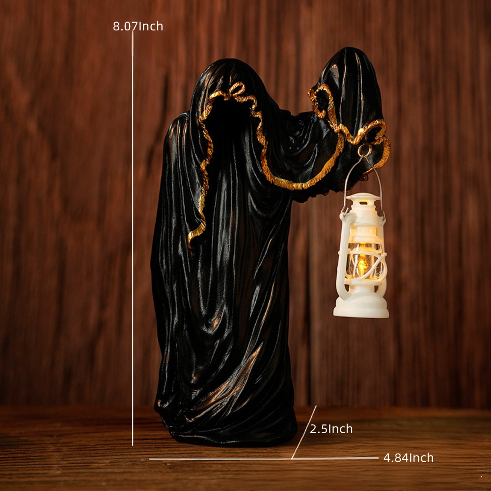 2025 Halloween Ghost Wizard Lantern Decor - Gothic Mysterious Black Robe Figure Creative Decoration, Portable Handheld Lantern for Home, Party, Yard Display