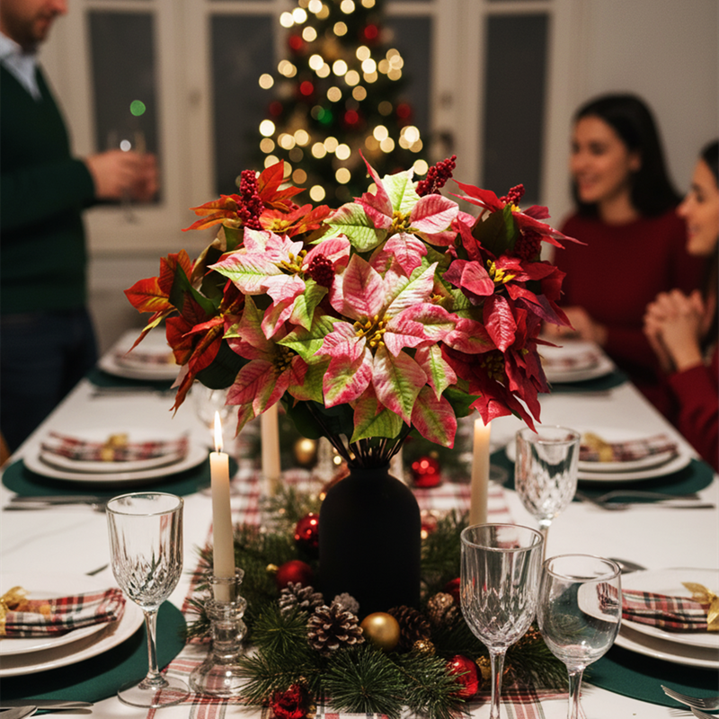 26 Inch Large Artificial Glitter Poinsettia Bouquet, 1 Stem, Retro Christmas Decor