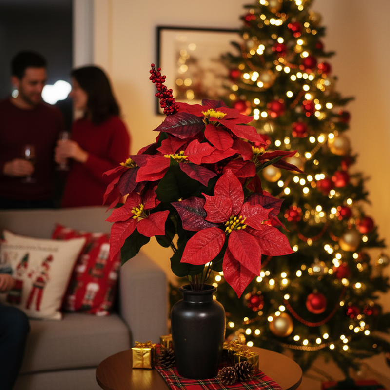 26 Inch Large Artificial Glitter Poinsettia Bouquet, 1 Stem, Retro Christmas Decor