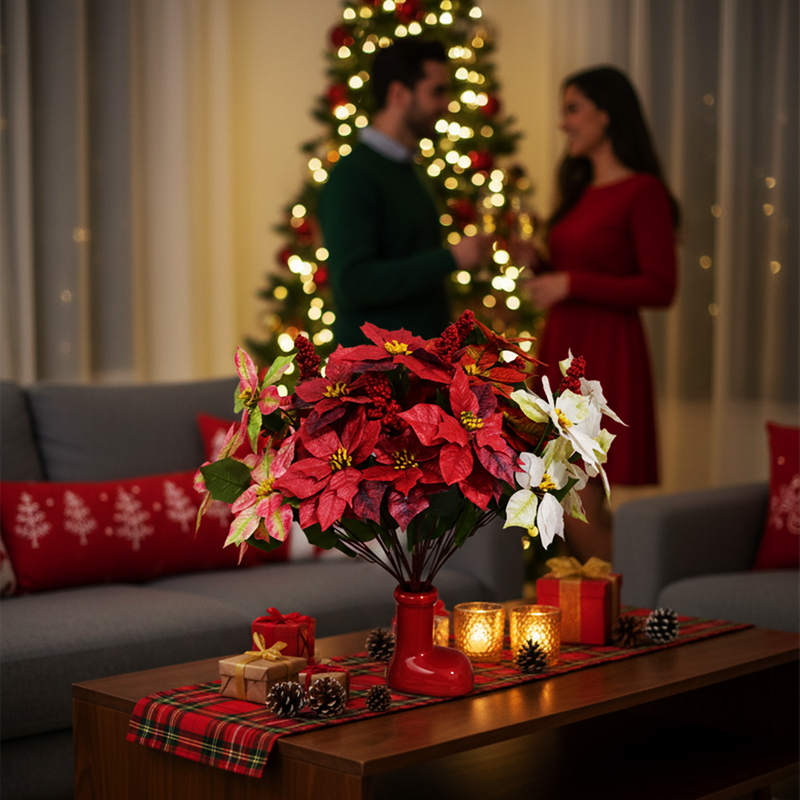 26 Inch Large Artificial Glitter Poinsettia Bouquet, 1 Stem, Retro Christmas Decor