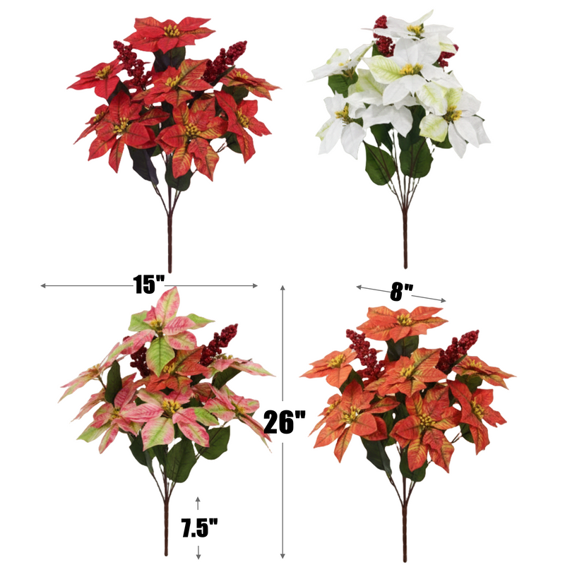 26 Inch Large Artificial Glitter Poinsettia Bouquet, 1 Stem, Retro Christmas Decor