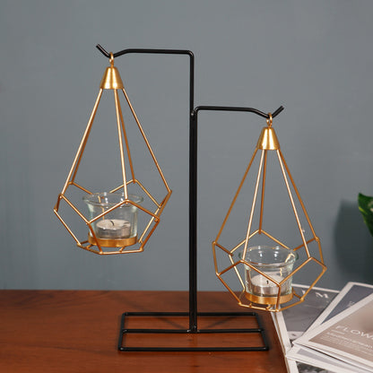 Bulk Irregular Candle Holder with Hanging Geometric Basket Tall Black Iron Stand Candlestick for Tabletop Centerpiece Wholesale