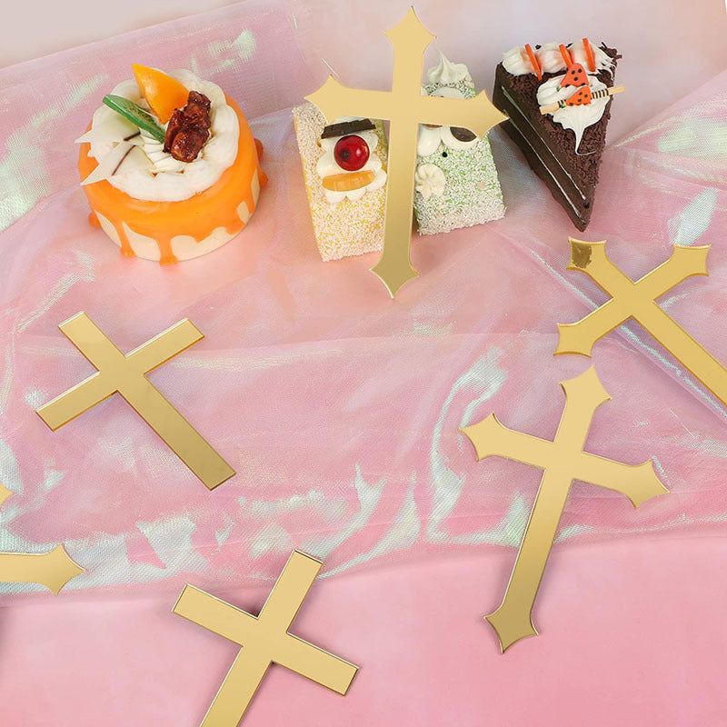 20PCS God Bless Gold Cross Cake Toppers - Mirror Acrylic Decor for Baptism, Christening, Communion Party