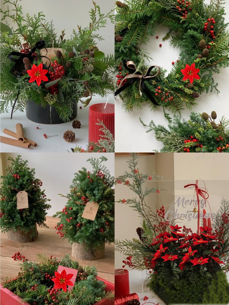 Artificial Poinsettia Bouquet 12 Inch 6 Stems Red Silk Christmas Holiday Decoration Indoor Outdoor