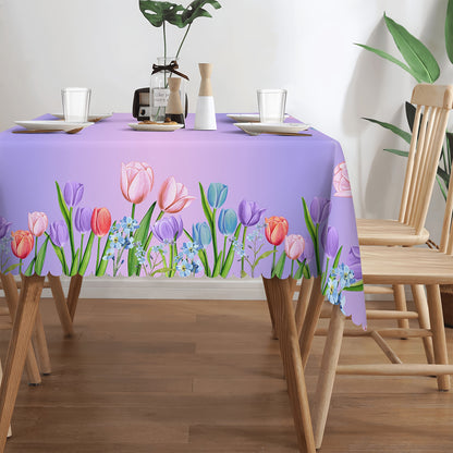 Bulk Spring Rabbit Tulip Printed Tablecloth Stain Resistant Waterproof Embossed Edge Technology Easter Purple Flower Decor Perfect for Events Parties Wholesale