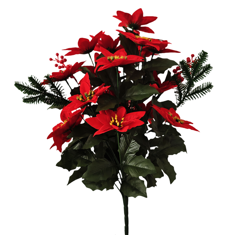 Artificial Poinsettia Bouquet 12 Inch 6 Stems Red Silk Christmas Holiday Decoration Indoor Outdoor