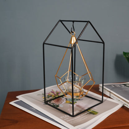 Bulk Irregular Candle Holder with Hanging Geometric Basket Tall Black Iron Stand Candlestick for Tabletop Centerpiece Wholesale