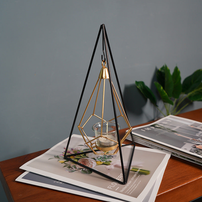 Bulk Irregular Candle Holder with Hanging Geometric Basket Tall Black Iron Stand Candlestick for Tabletop Centerpiece Wholesale