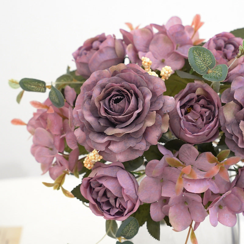 11.4 Inch Silk Peony and Hydrangea Faux Flower Bouquet, Mixed Colors, 1 Bush for Home Bridal Wedding Party Decor