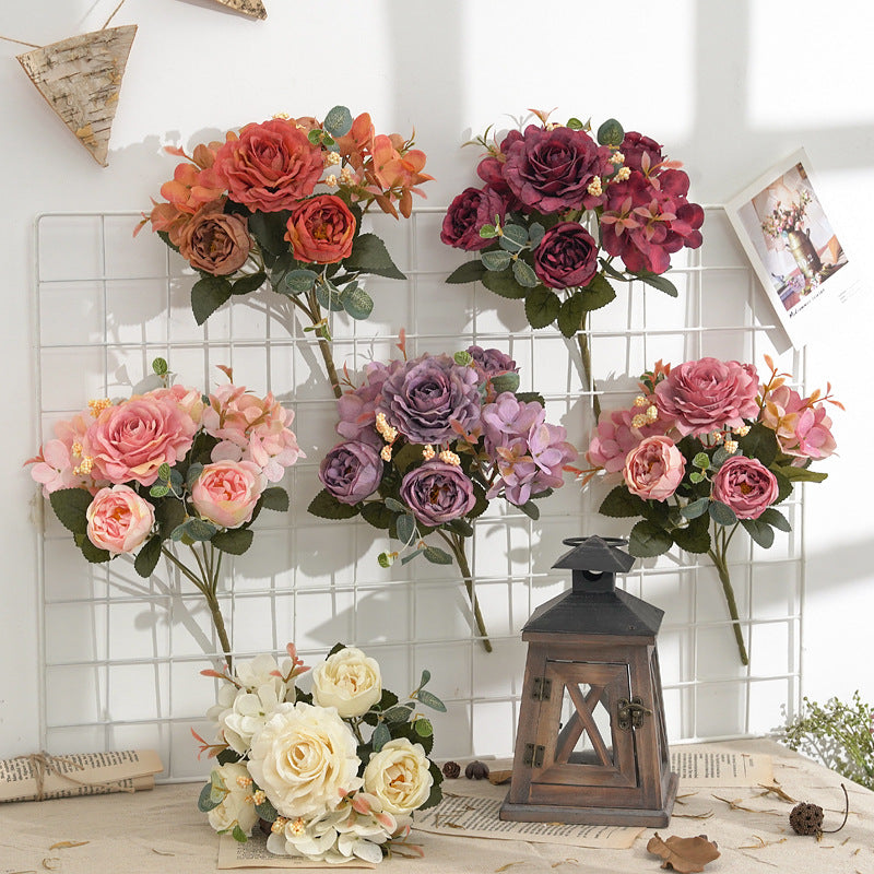 11.4 Inch Silk Peony and Hydrangea Faux Flower Bouquet, Mixed Colors, 1 Bush for Home Bridal Wedding Party Decor