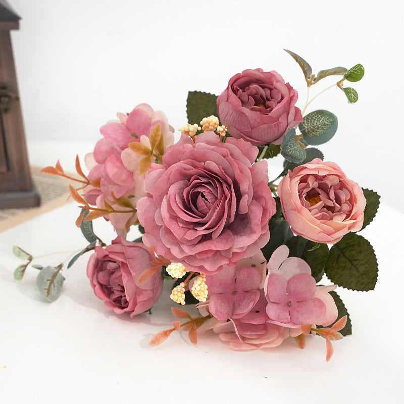 11.4 Inch Silk Peony and Hydrangea Faux Flower Bouquet, Mixed Colors, 1 Bush for Home Bridal Wedding Party Decor