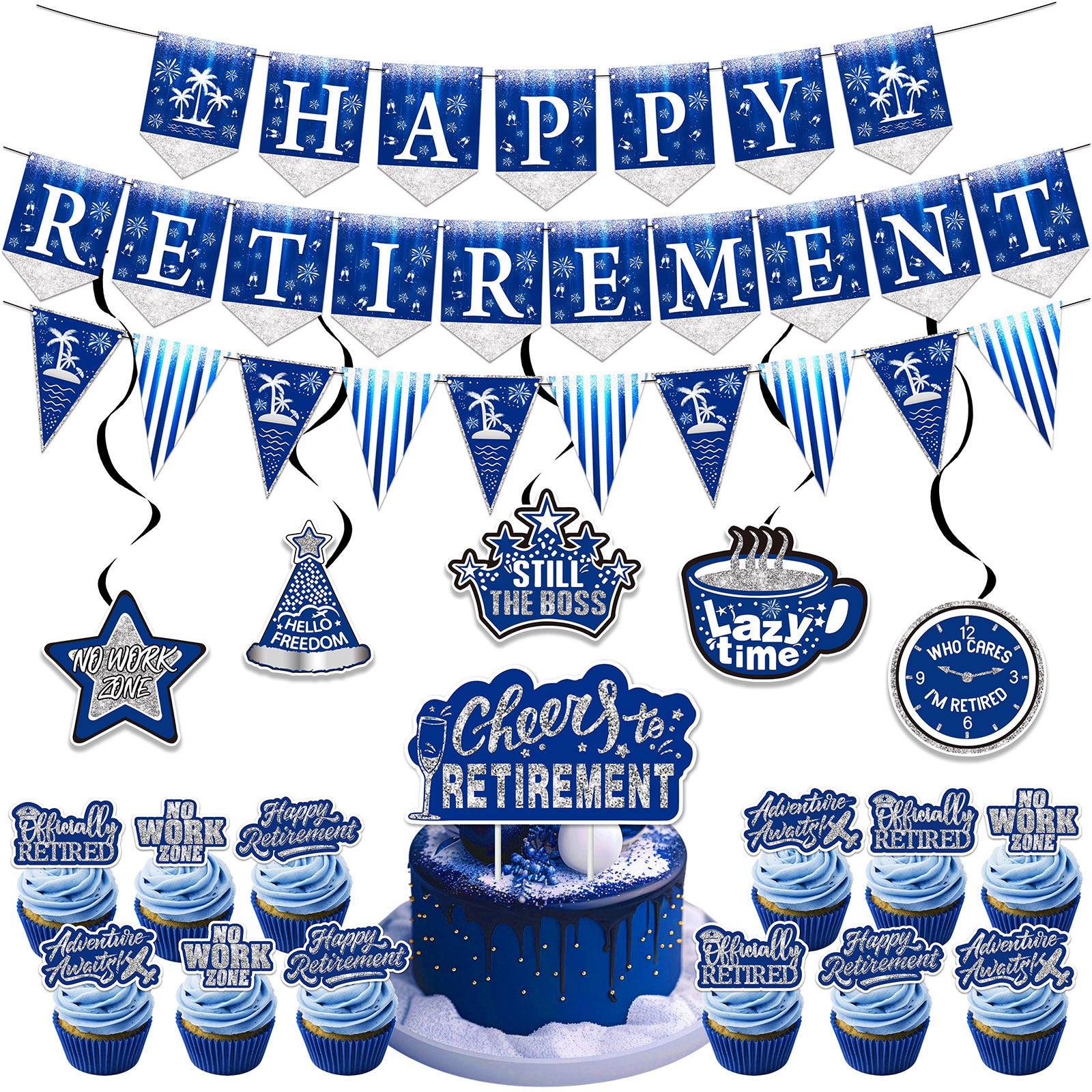 22-Piece Blue Happy Retirement Decor Kit - Banners, Cake Toppers & Hanging Swirls