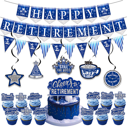 22-Piece Blue Happy Retirement Decor Kit - Banners, Cake Toppers & Hanging Swirls