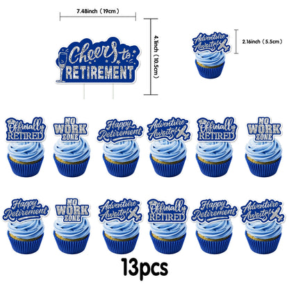 22-Piece Blue Happy Retirement Decor Kit - Banners, Cake Toppers & Hanging Swirls