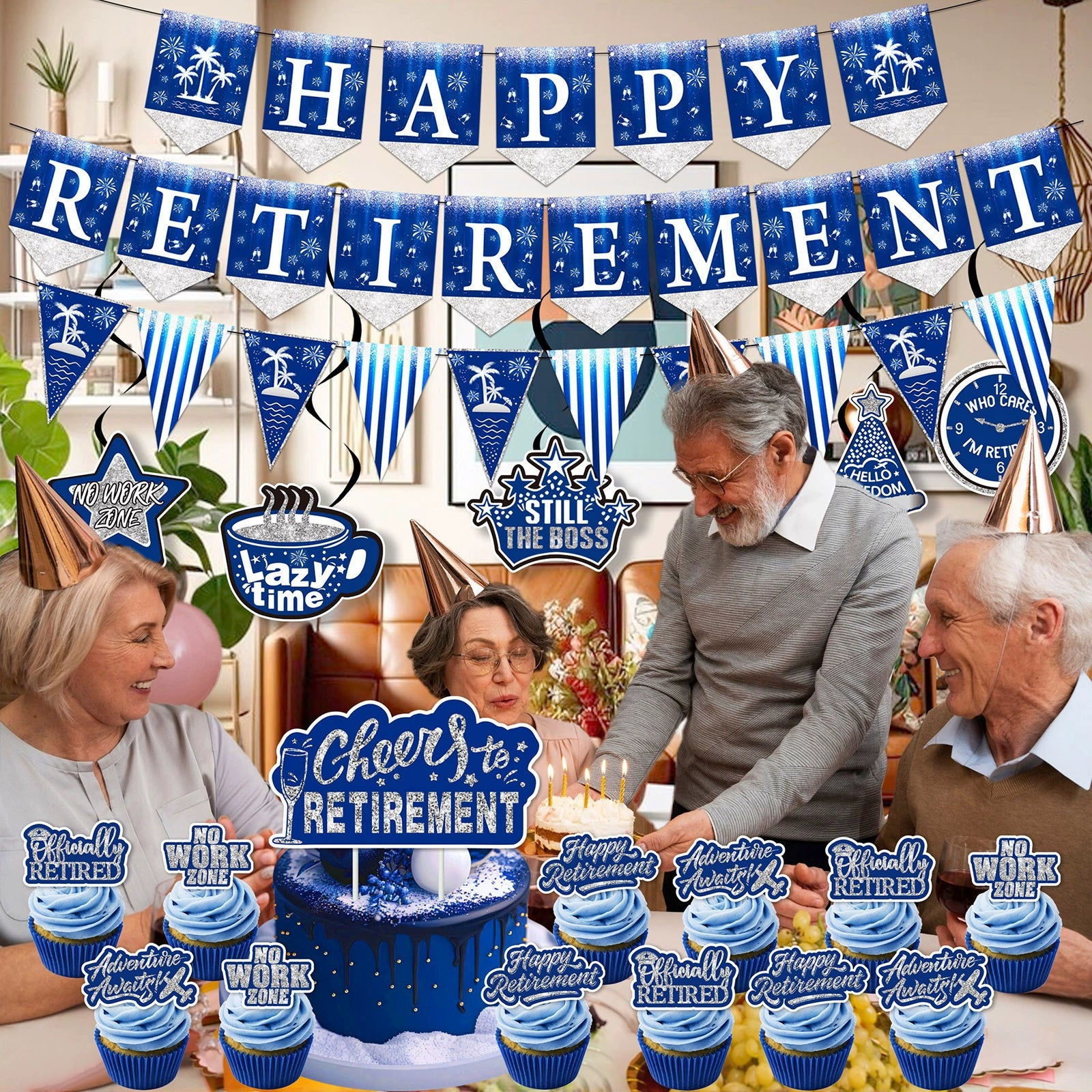 22-Piece Blue Happy Retirement Decor Kit - Banners, Cake Toppers & Hanging Swirls