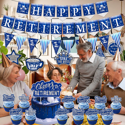 22-Piece Blue Happy Retirement Decor Kit - Banners, Cake Toppers & Hanging Swirls