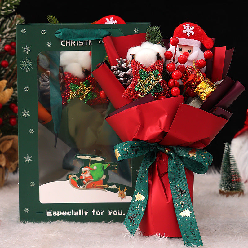 11 Inch Artificial Christmas Flower Bouquet with Glitter Star, Red Berries, and Santa Doll – Bulk Wholesale Gift Set