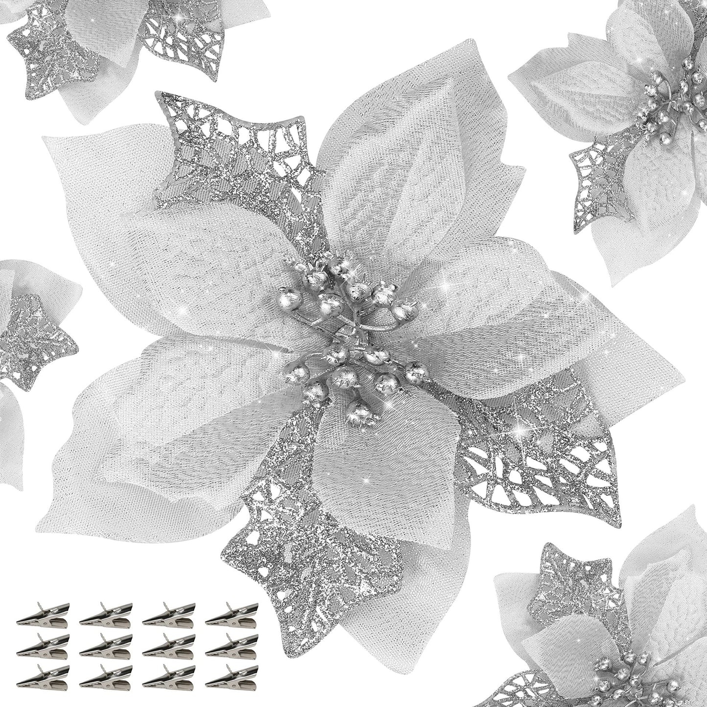 Bulk 12 Pcs Gold Glitter Artificial Poinsettia Flowers with Clips Christmas Tree Ornaments for DIY Wreaths Holiday Home and Party Decor Wholesale
