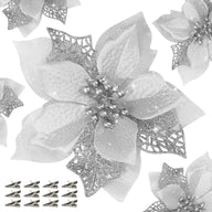 Bulk 12 Pcs Gold Glitter Artificial Poinsettia Flowers with Clips Christmas Tree Ornaments for DIY Wreaths Holiday Home and Party Decor Wholesale