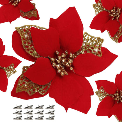 Bulk 12 Pcs Gold Glitter Artificial Poinsettia Flowers with Clips Christmas Tree Ornaments for DIY Wreaths Holiday Home and Party Decor Wholesale