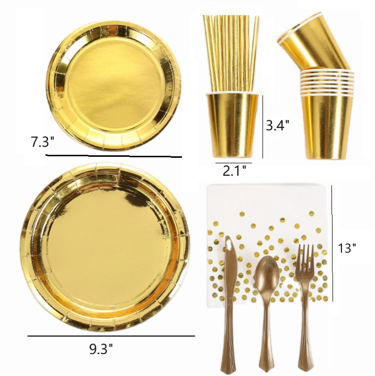 Bulk 50 Pcs Gold Disposable Dinnerware Set Paper Plates Paper Cups Paper Napkin Knife Fork Spoon Party Supplies Wholesale